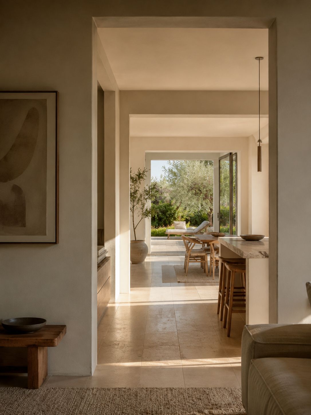 Clear sightlines toward a courtyard and natural light through a living space