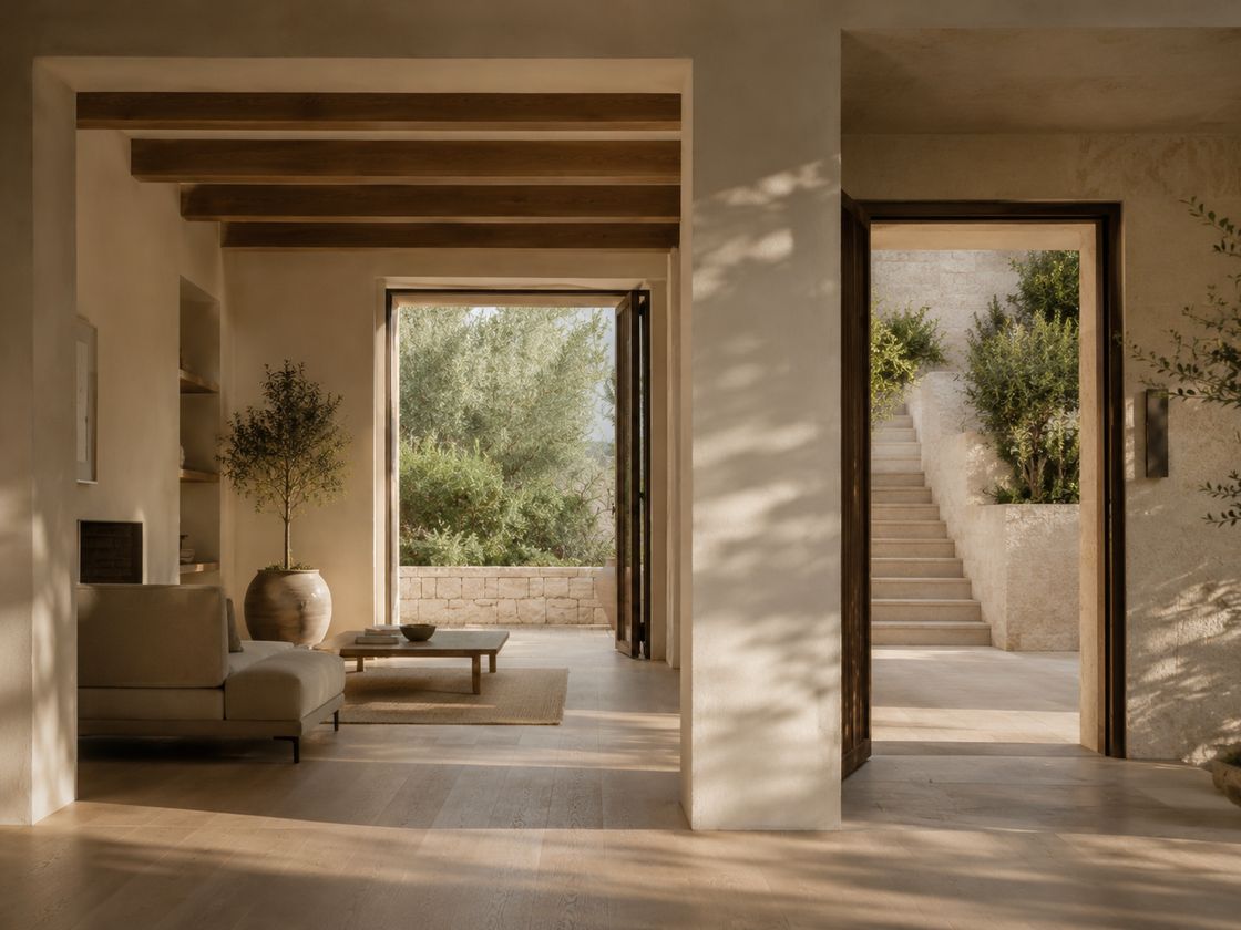 Serene Mediterranean-inspired courtyard interior with natural light