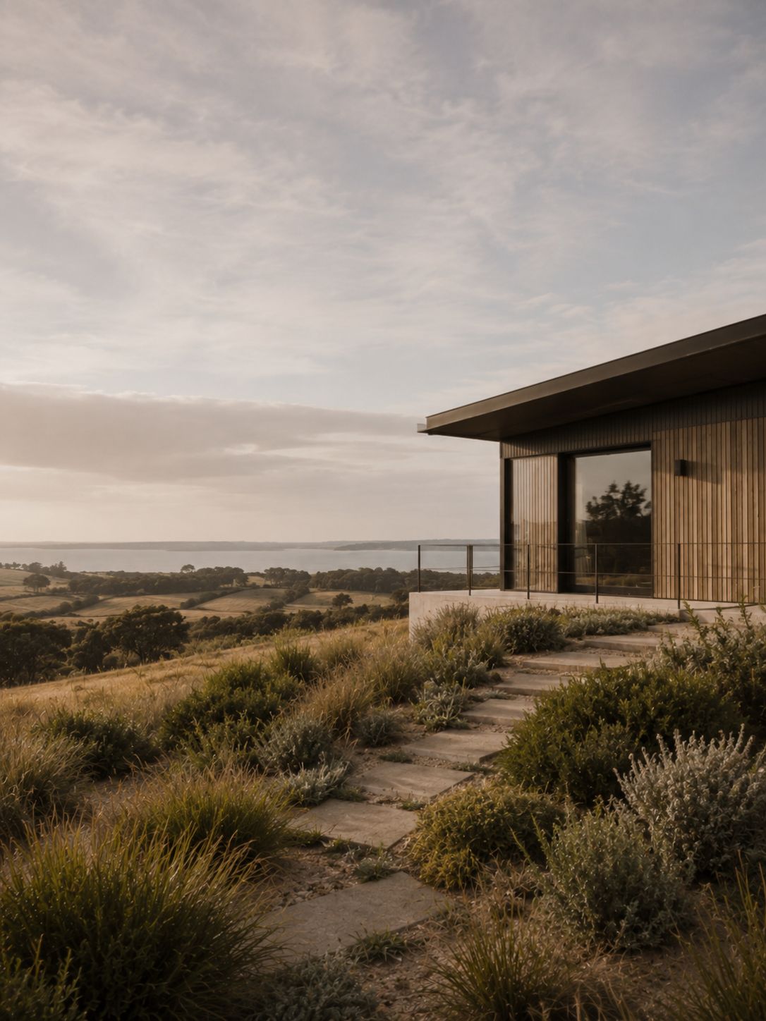 Calm bay water and rolling farmland near the Bellarine Peninsula